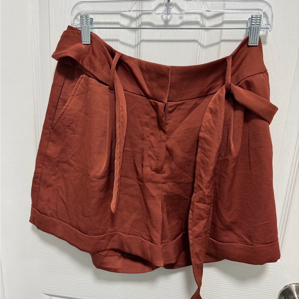 Express High-Waist Tie Belt Shorts in Rust
